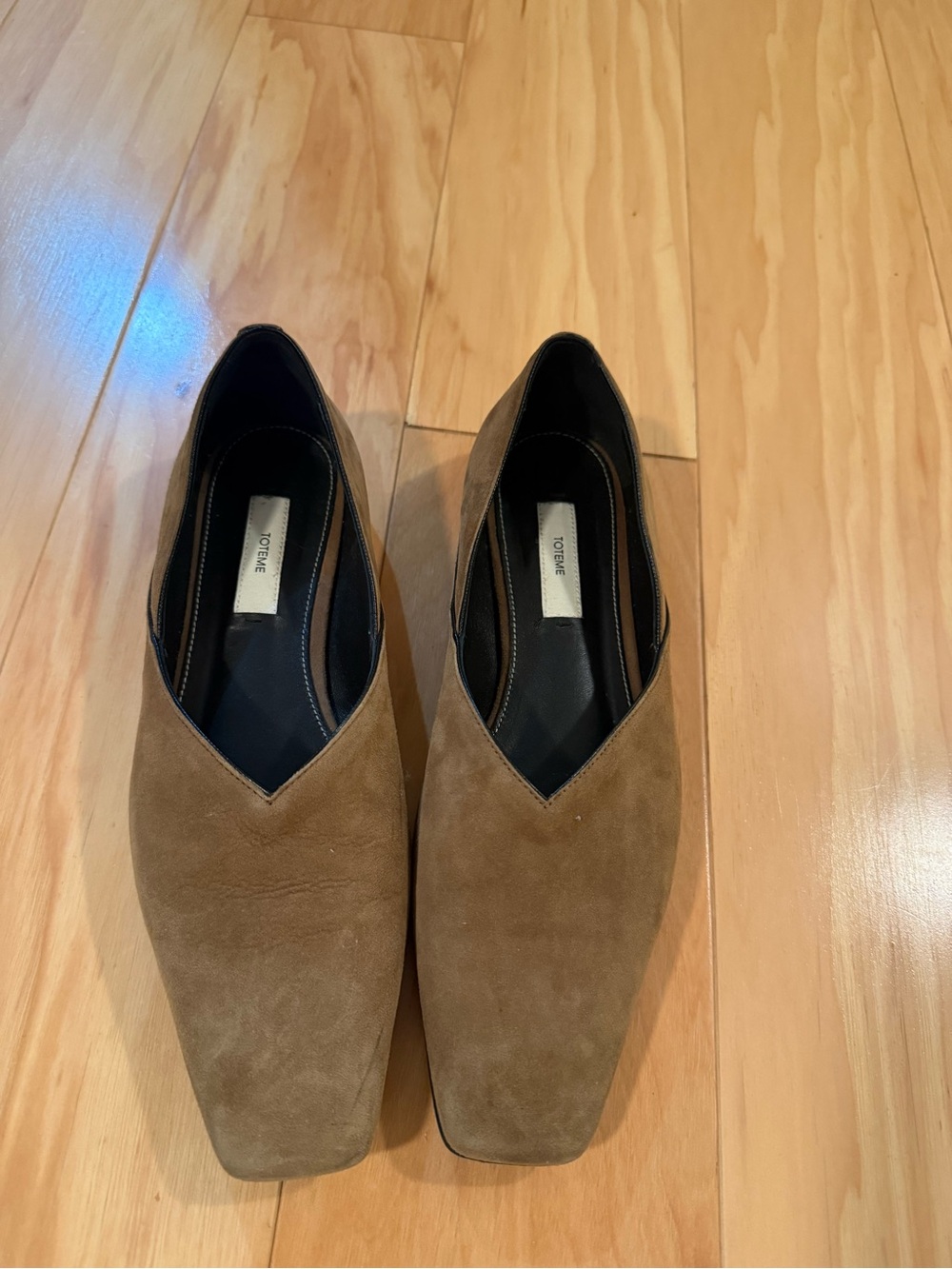 Toteme Suede Square-Toe Flats in Taupe - Picture 2 of 3